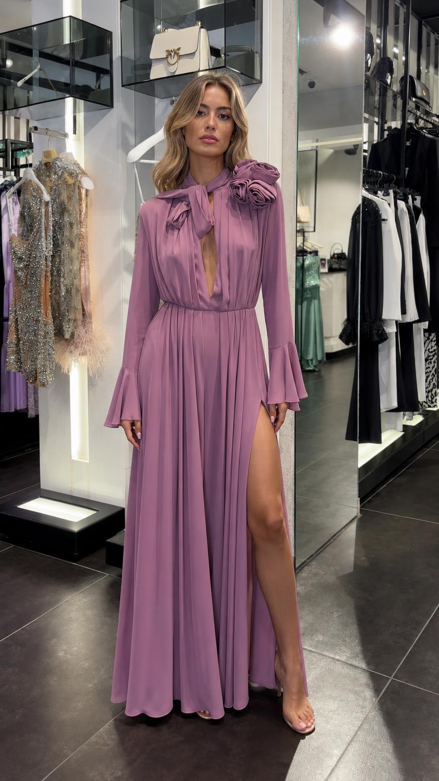 Front view of lavender long sleeve maxi dress with slit and 3D flower accent