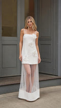 Front full view of white 3D floral applique sheer mesh maxi dress