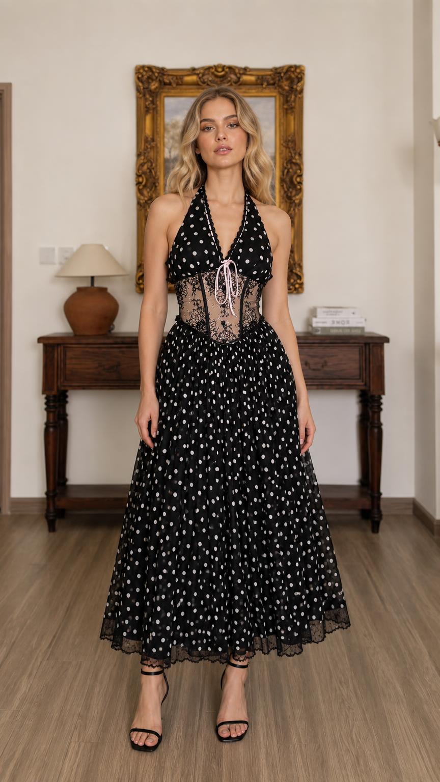 Front full view of black polka dot halter midi dress on model