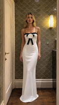 Front view of White Elegance Rose Bow Cami Maxi Dress