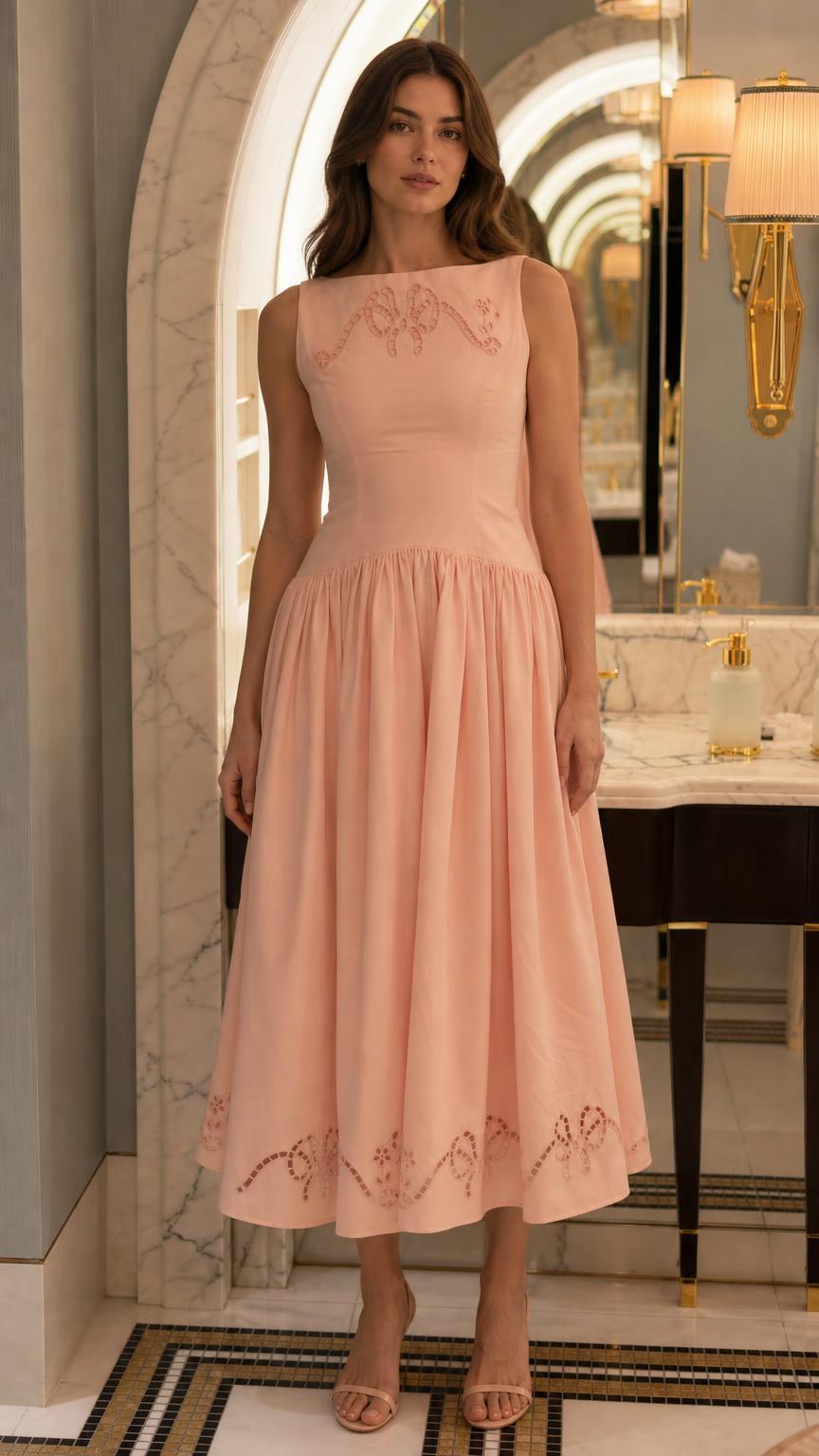 Front view of model wearing peach embroidered midi dress