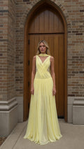 Front view of yellow chiffon maxi dress with matching scarf