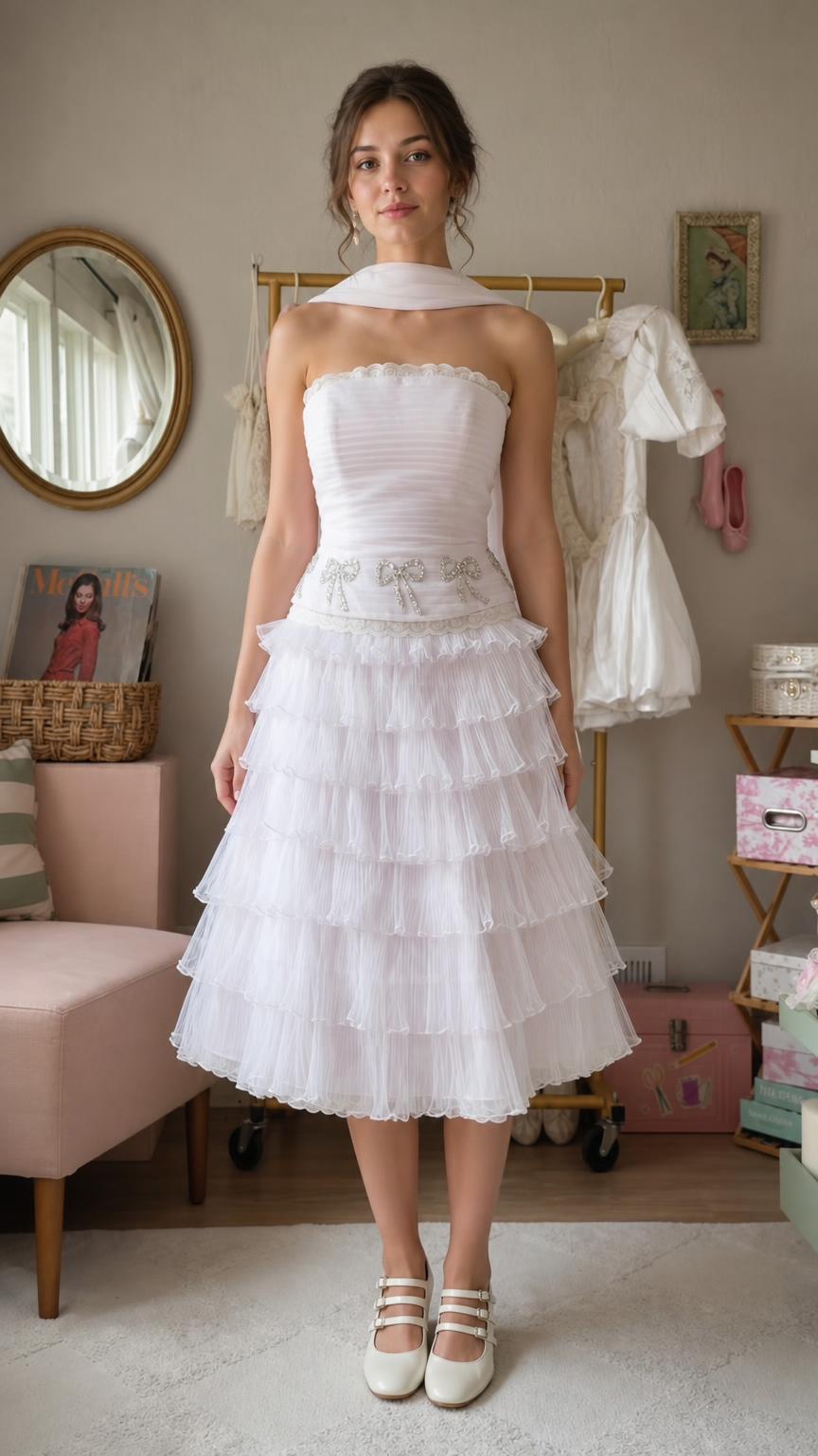 Front view of white strapless tiered ruffle midi dress with matching neck scarf
