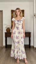 Floral Print Ruffled Maxi Dress in Ivory front view