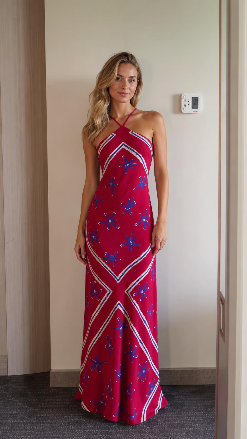 Front view of model wearing red geometric floral halter maxi dress