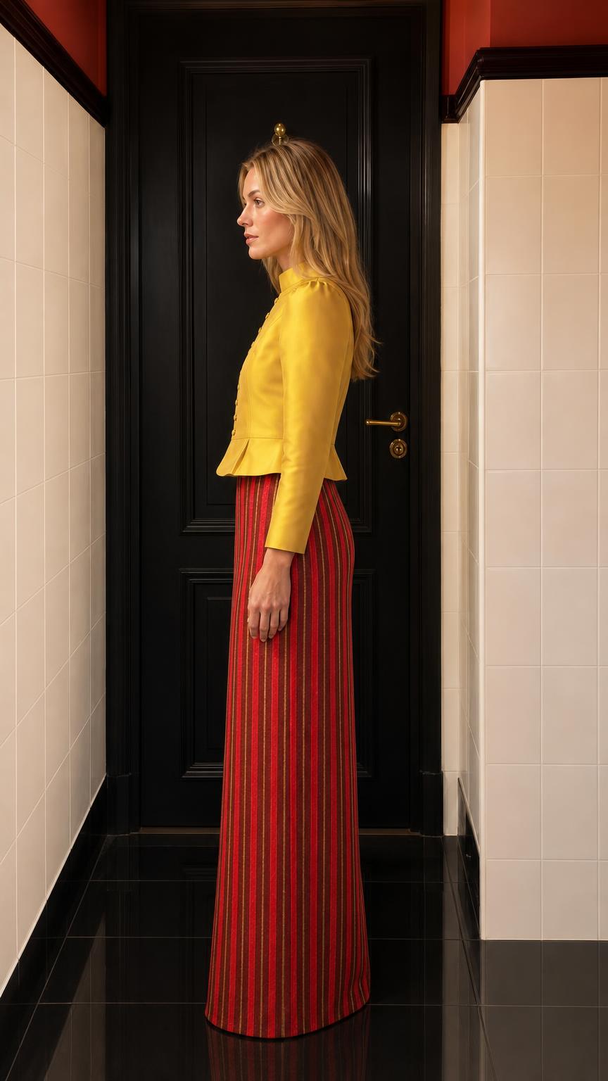 Side profile view of yellow jacket and striped maxi skirt set