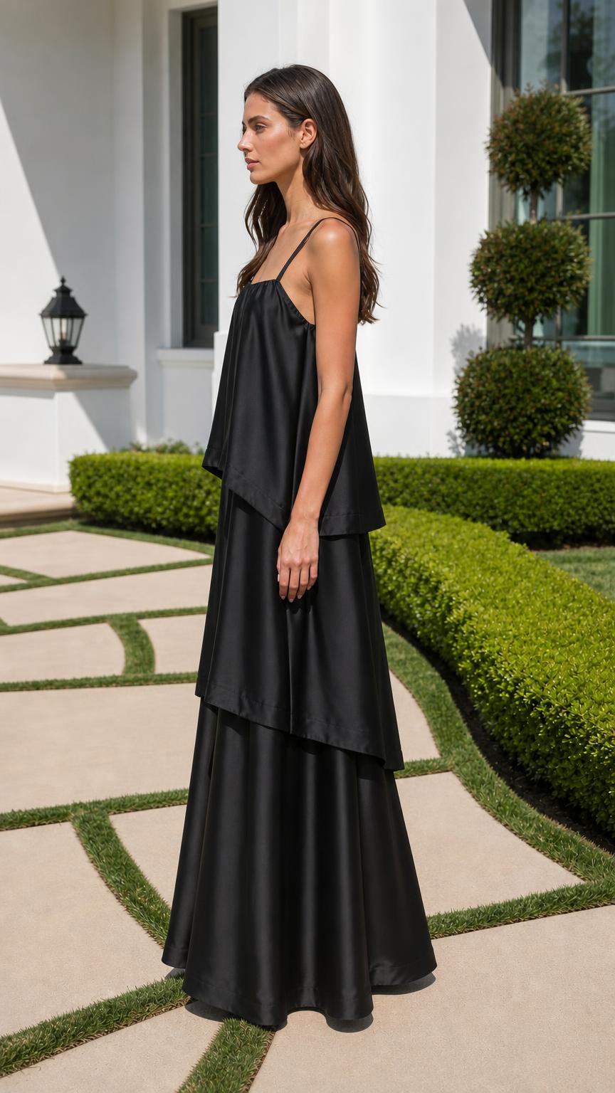 Side profile view of black tiered maxi dress