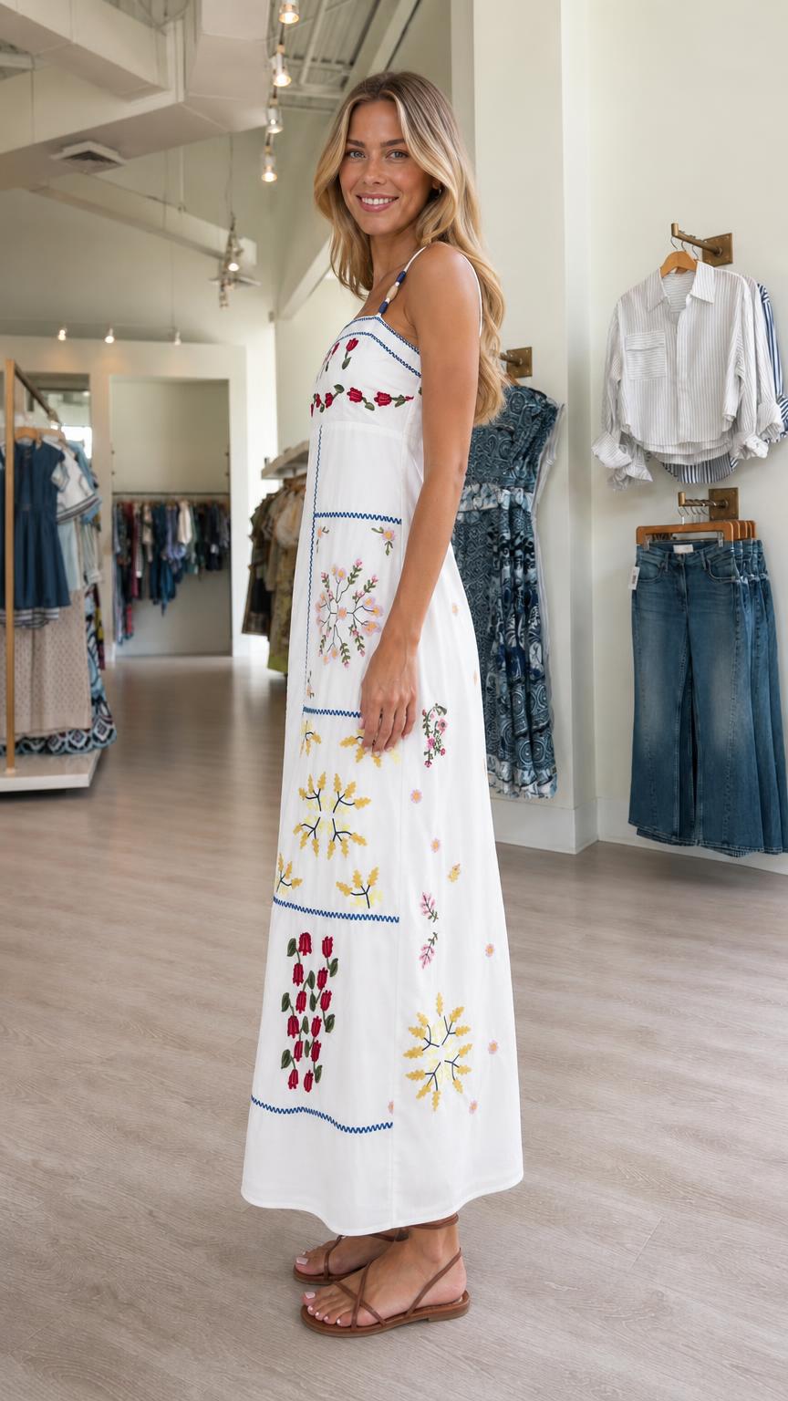 Side profile of the white floral embroidered maxi dress
