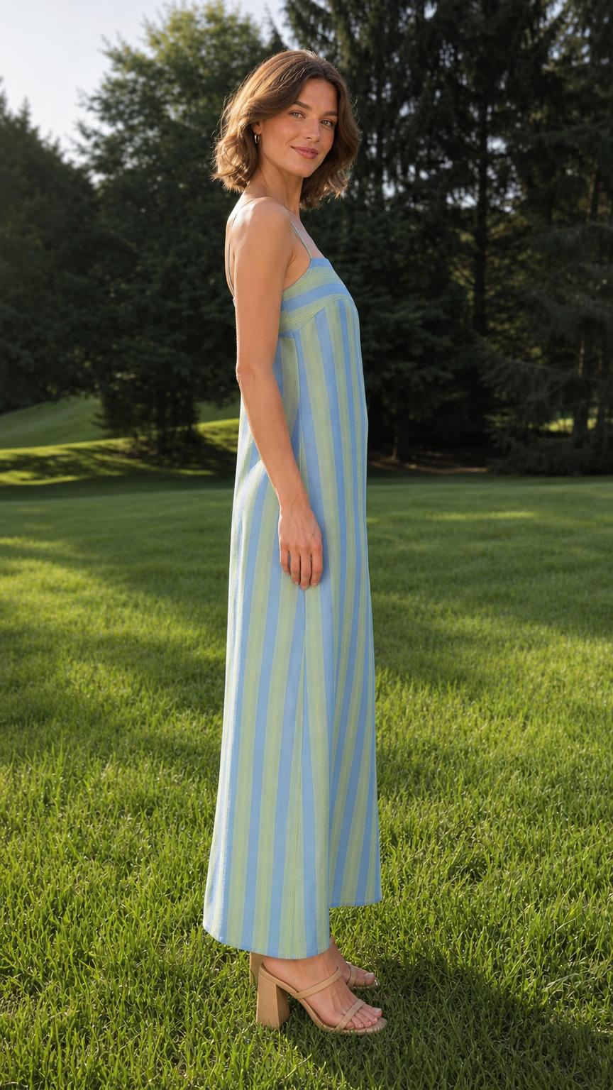 Side view of woman wearing blue striped maxi dress