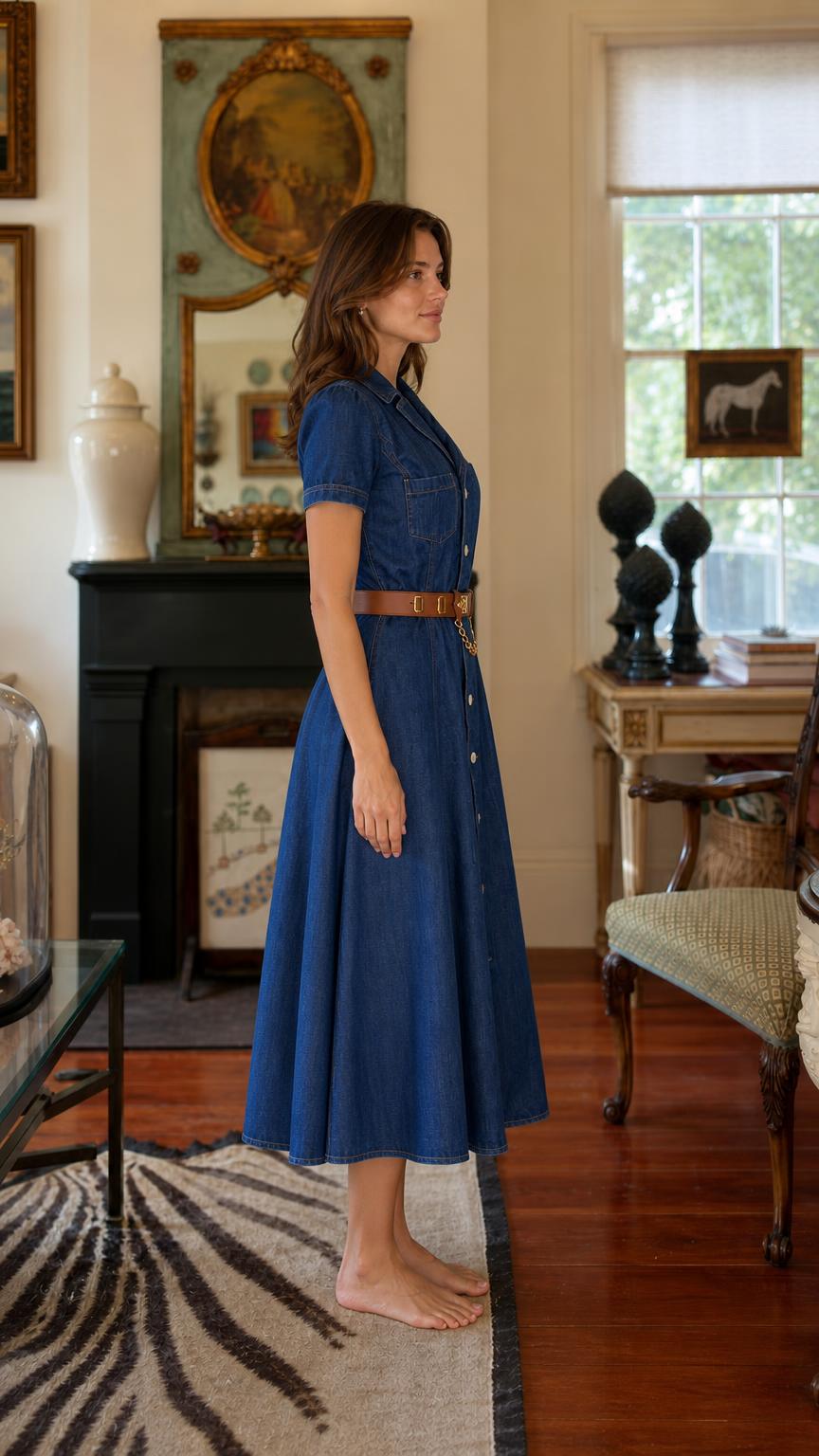 Side profile view of woman in blue denim midi shirt dress