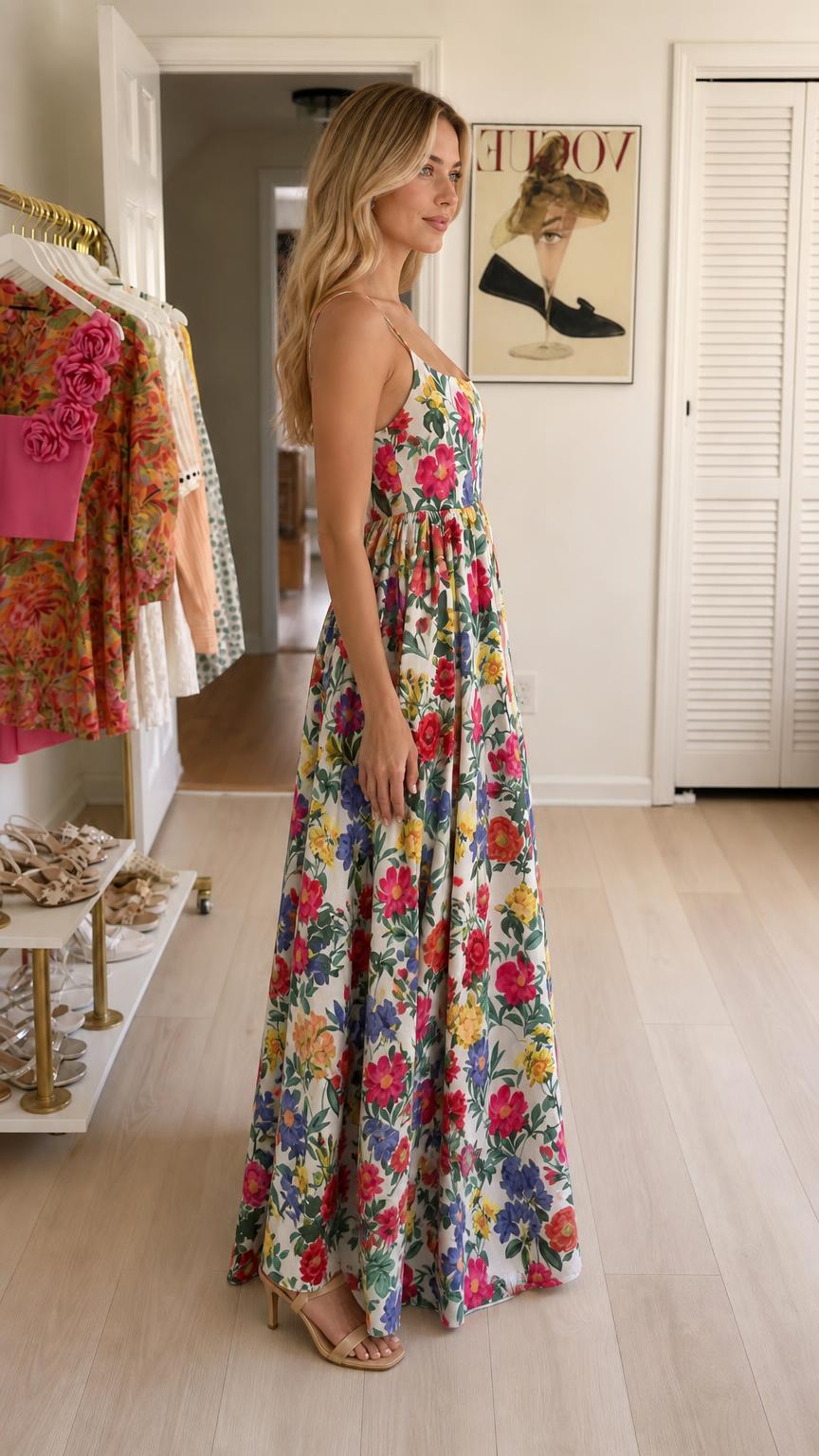Side view of white floral maxi dress