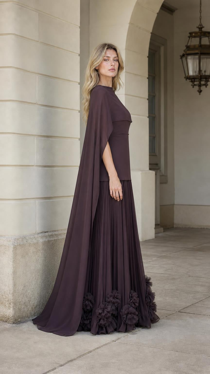 Side profile view of dark brown formal dress