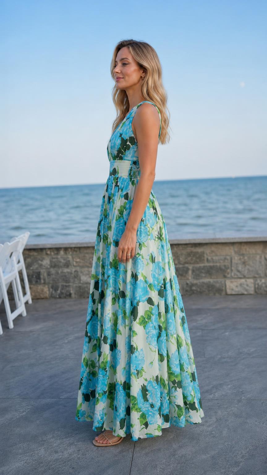 Side profile of woman in blue floral maxi dress