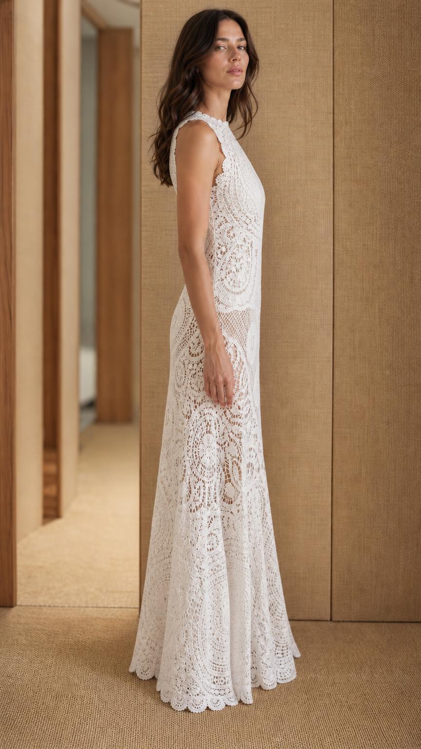 Side profile of model wearing White crochet lace maxi dress