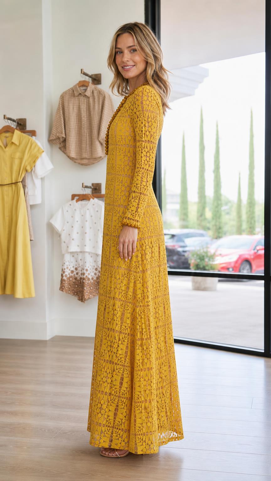 Side view of mustard yellow lace maxi dress