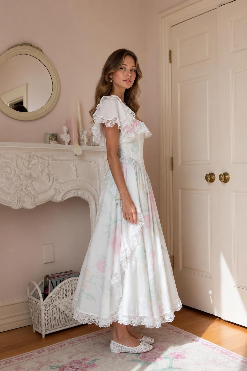 Side profile of white floral midi dress