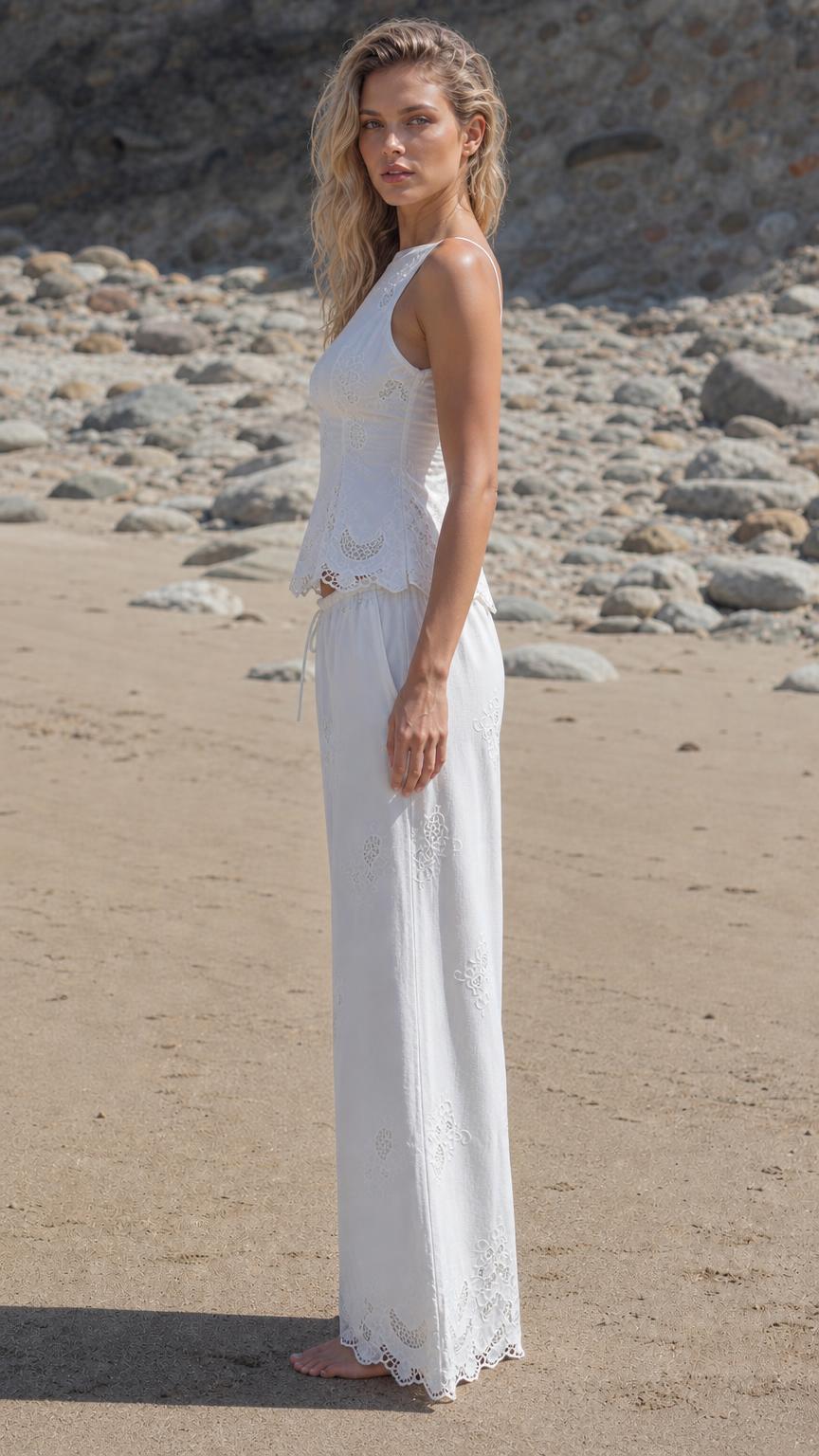 Side profile of woman in white matching set outdoors