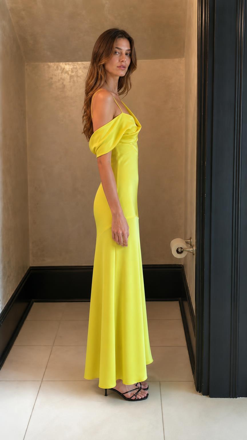 Side profile of woman wearing yellow satin maxi dress