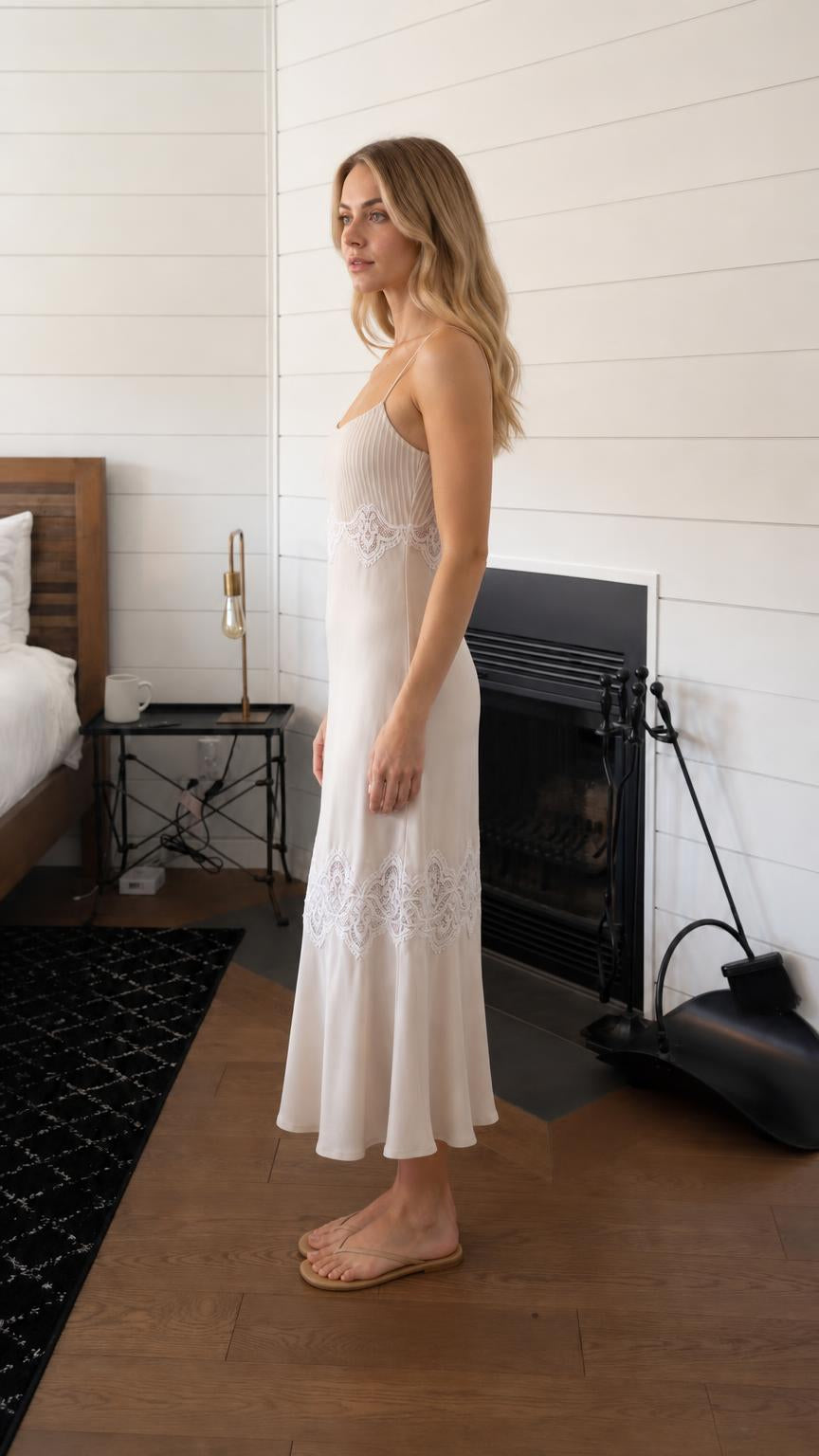 Side profile of woman in beige midi dress