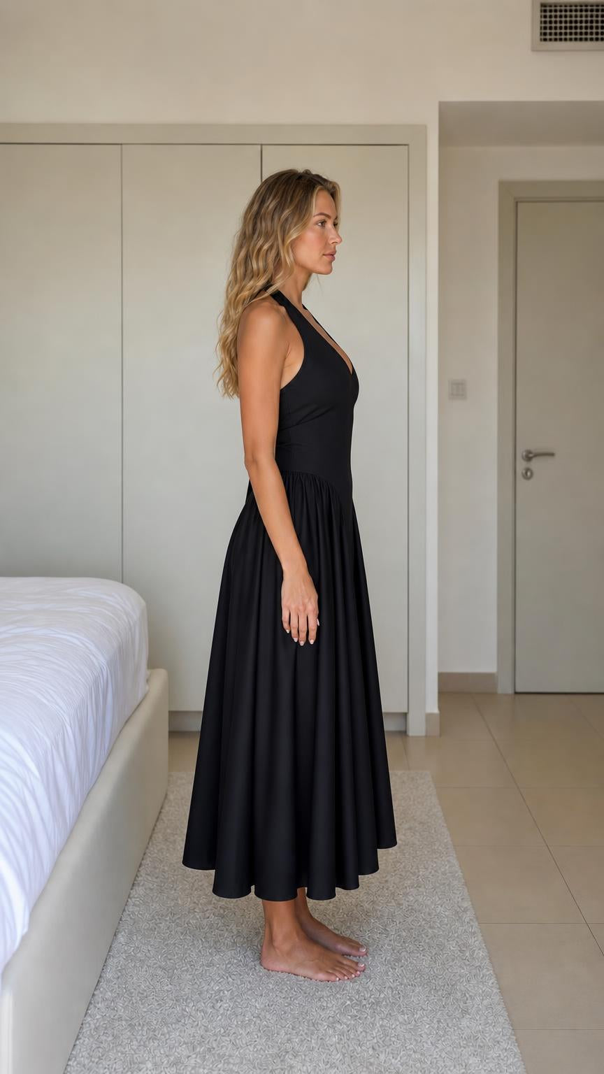 Side view of woman wearing black halter neck midi dress