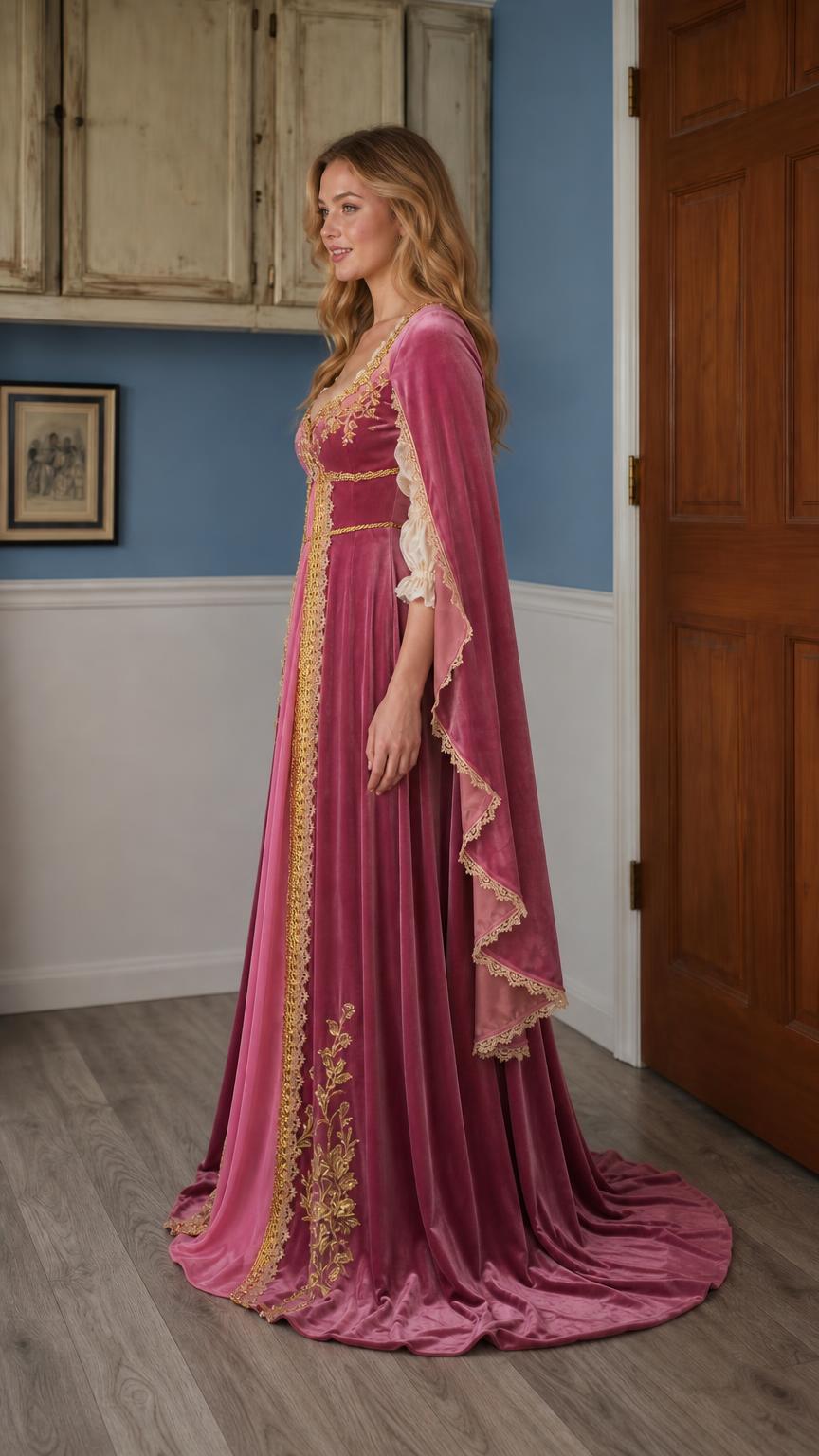 Side profile of pink medieval velvet dress