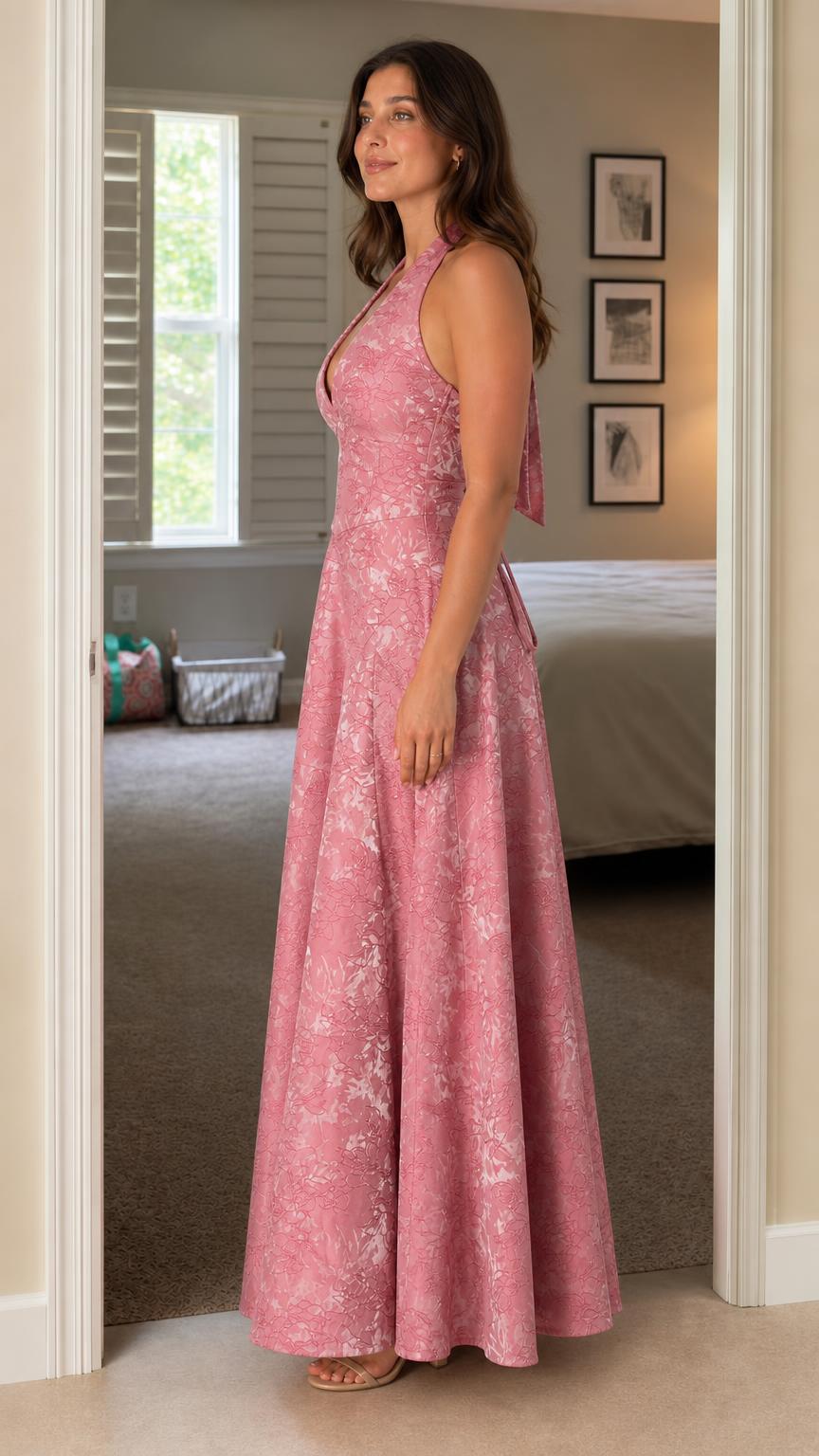 Side profile view of the pink maxi dress