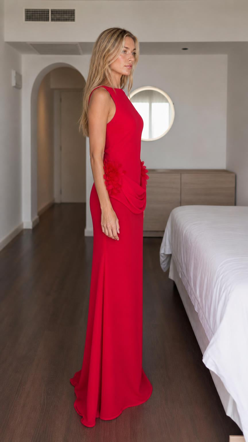 Side profile of woman in red formal maxi dress