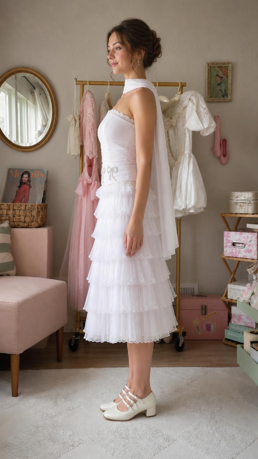 Side profile view of white strapless midi dress with tiered ruffles