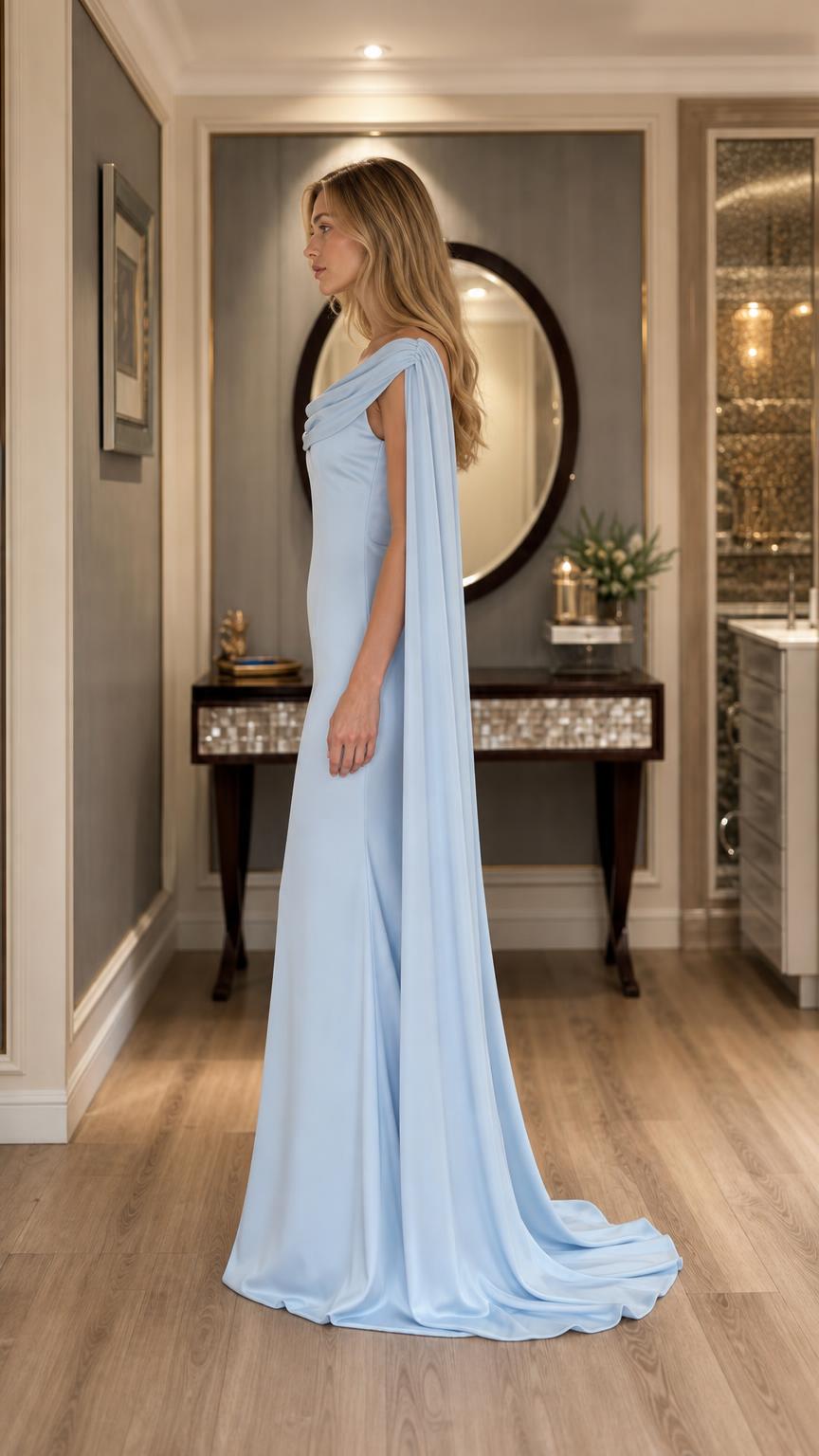 Side profile view of light blue evening dress with draped cape