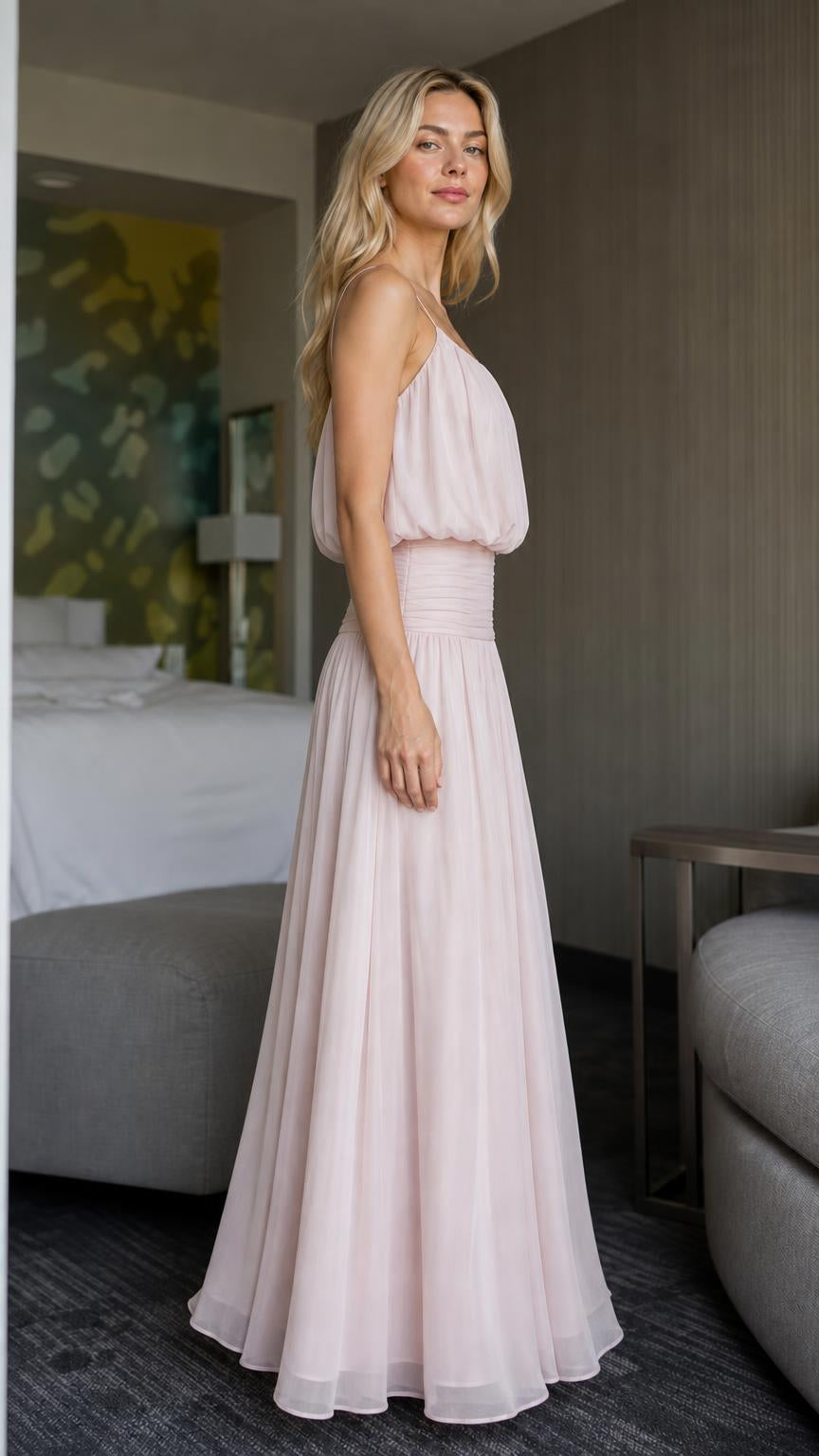 Side view of pink maxi dress showcasing draped bodice