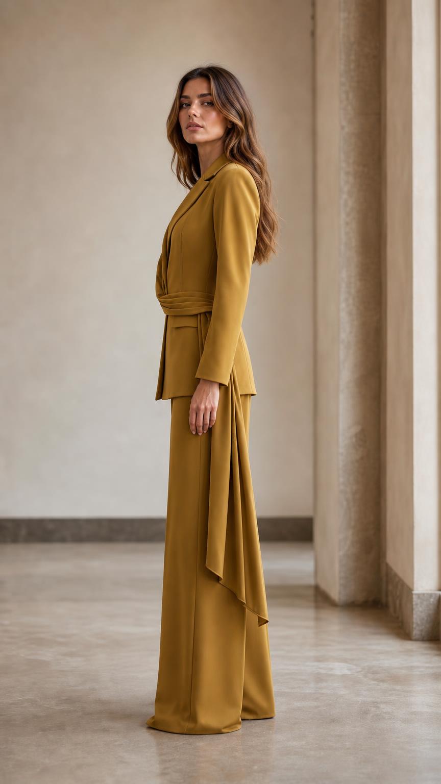 Side profile view of mustard pantsuit showing cascading sash detail