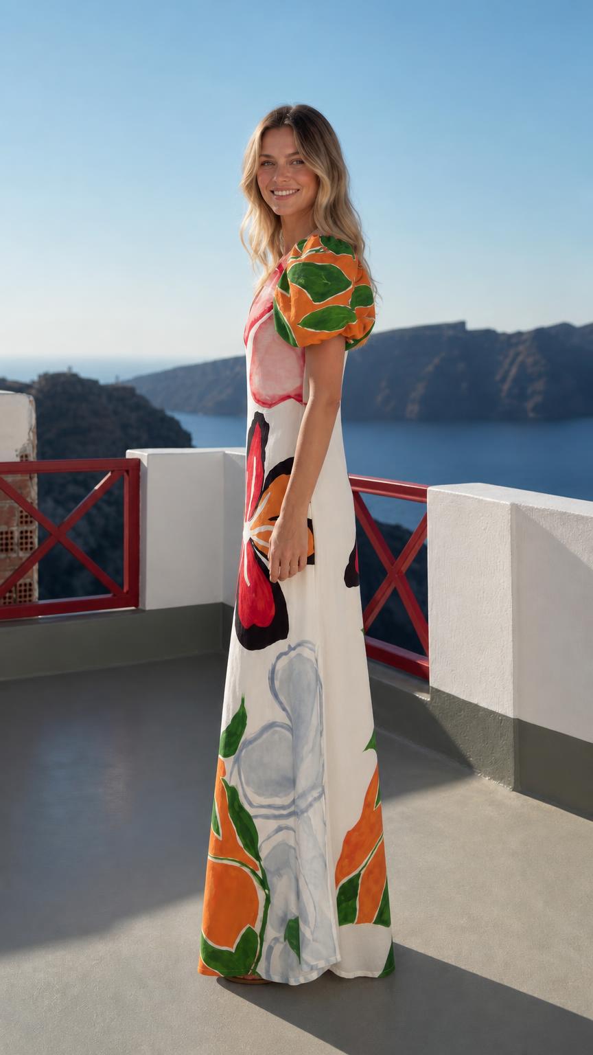 Model wearing white floral maxi dress from the side view