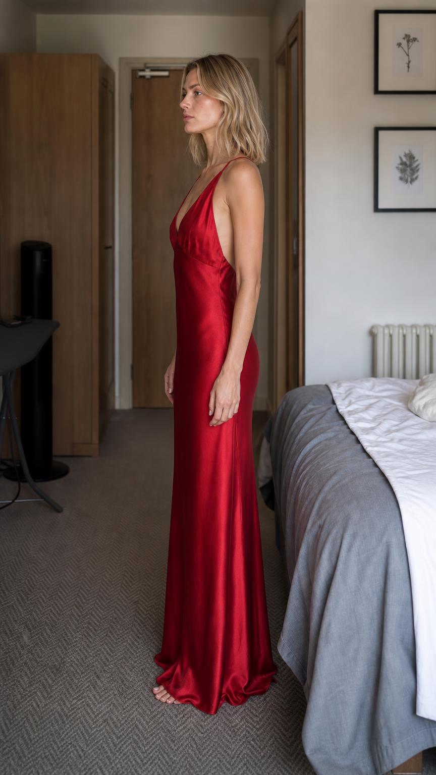 Red satin-look maxi dress shown in side profile with a fluid floor-length silhouette