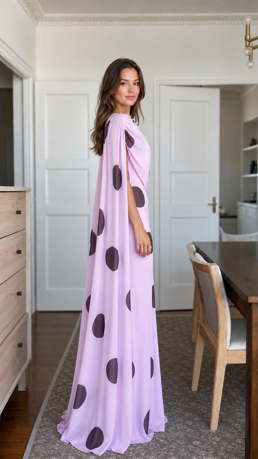 Lavender polka dot cape maxi dress side view
