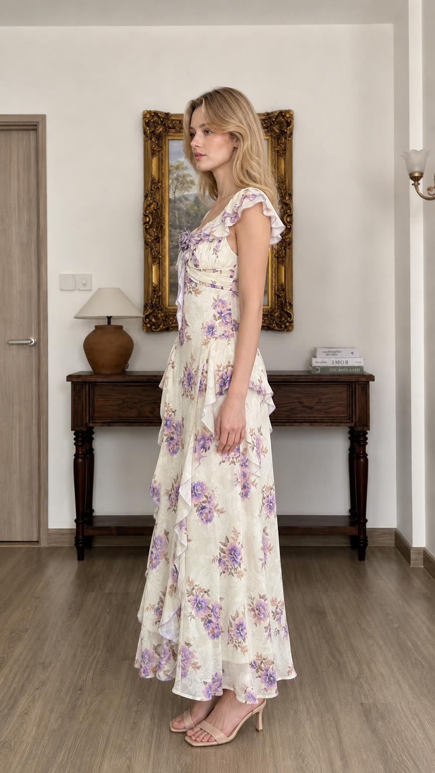 Floral Print Ruffled Maxi Dress in Ivory side view