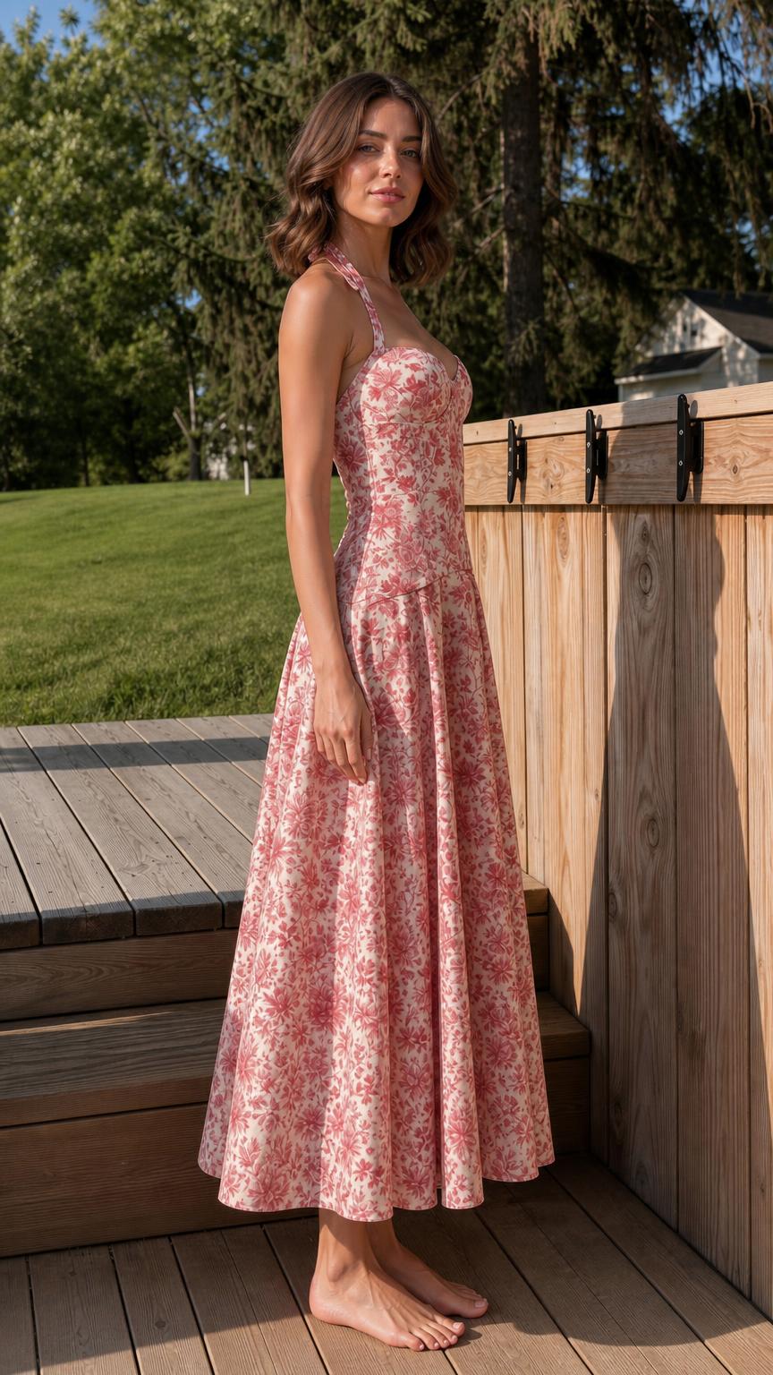 Side view of woman wearing pink floral halter midi dress