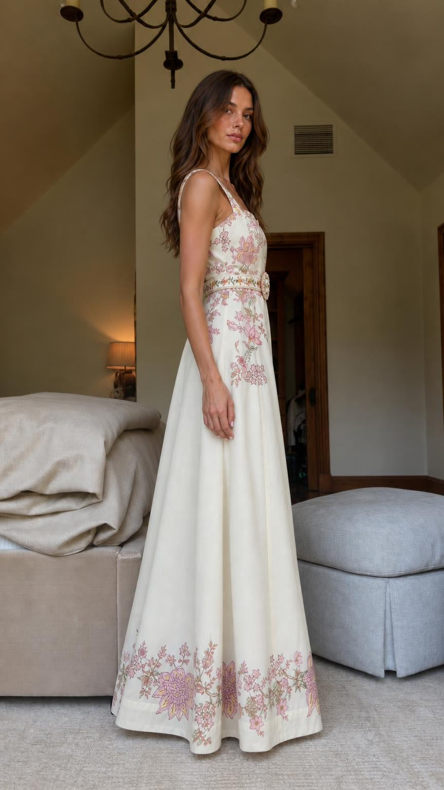 Side profile view of cream floral embroidered maxi dress
