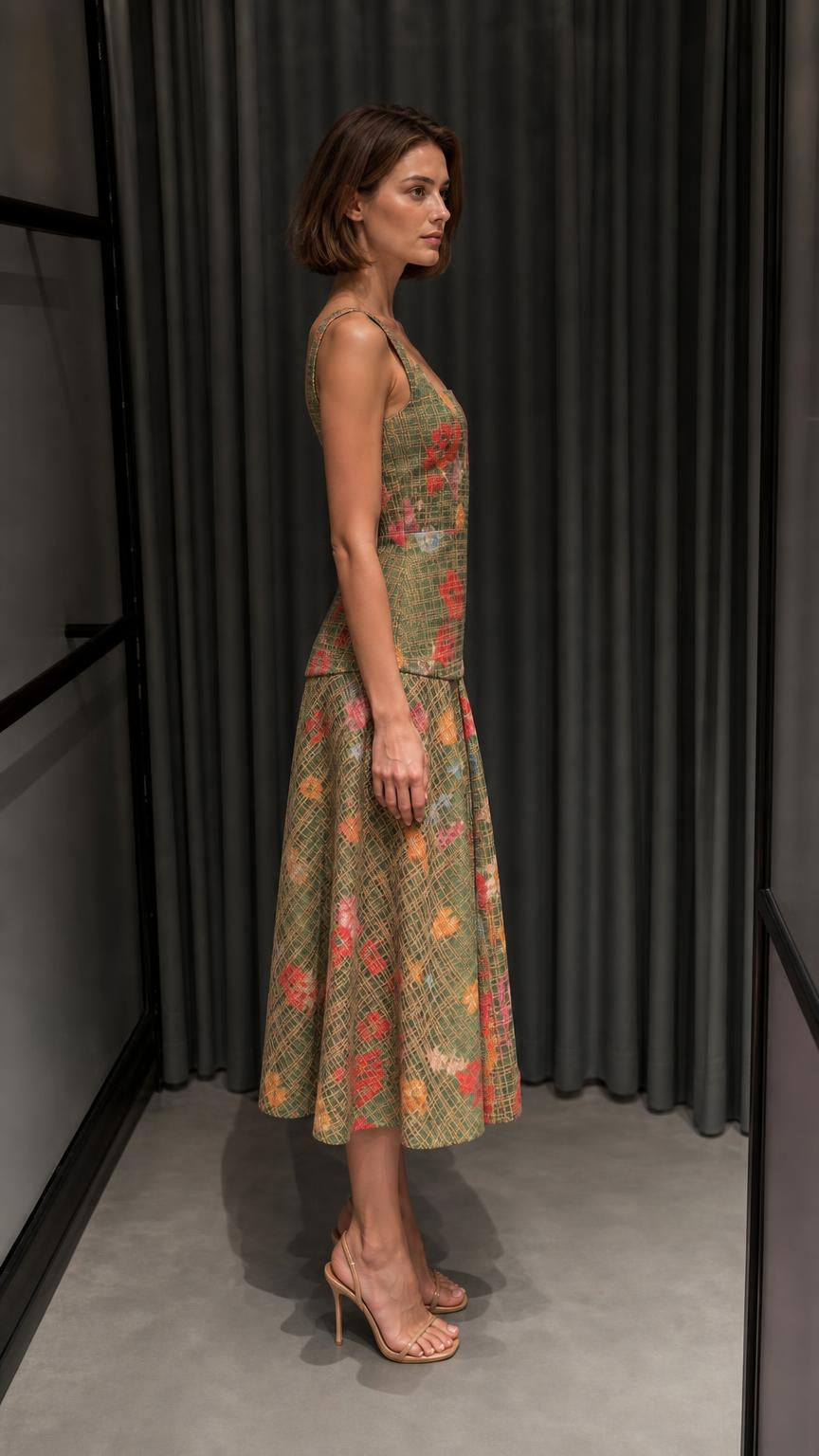 Side view of green floral tweed set