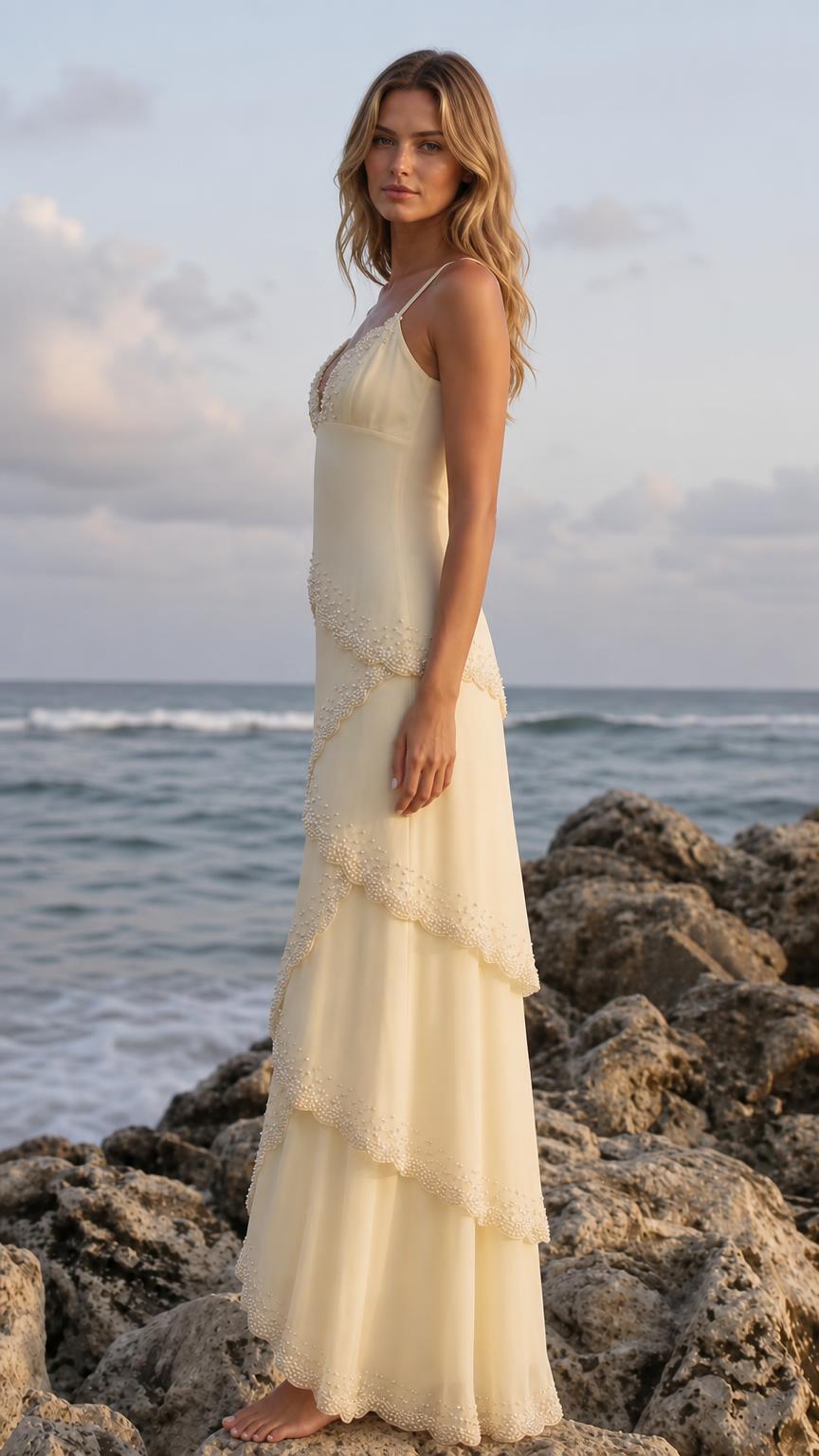 Side profile view of yellow embellished tiered maxi slip dress