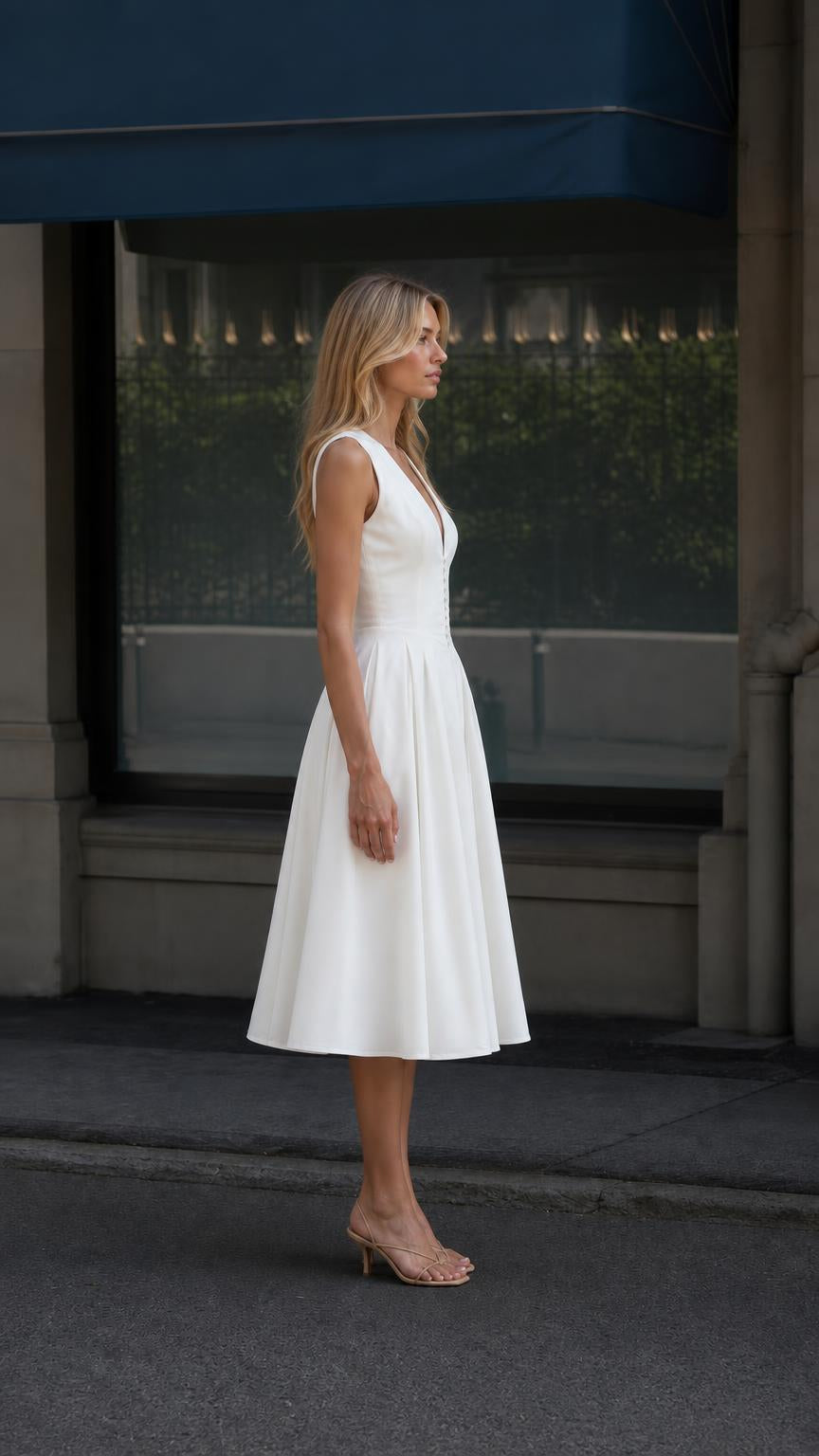 Side profile view of the white midi dress