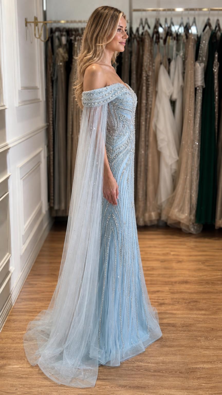 Side view of light blue beaded evening gown