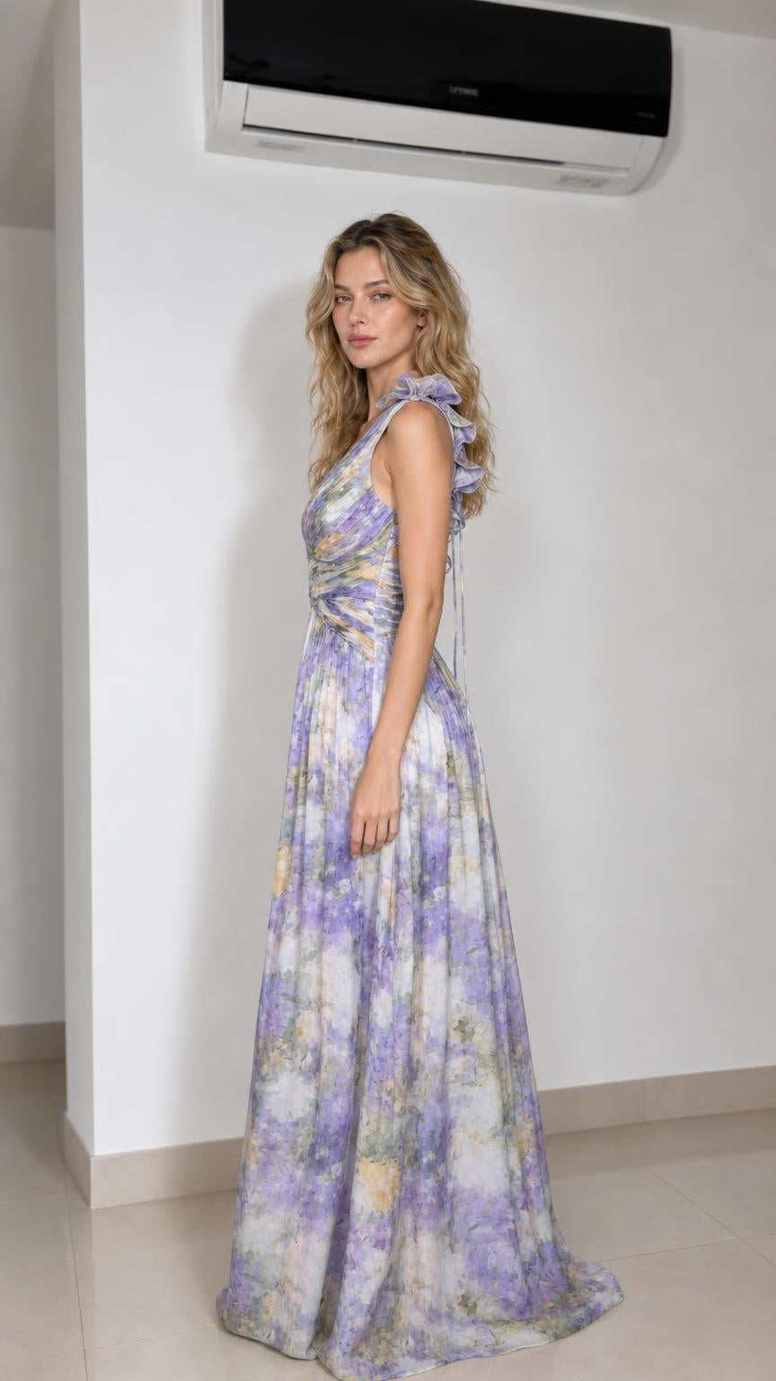 Side view of model in lavender floral long dress