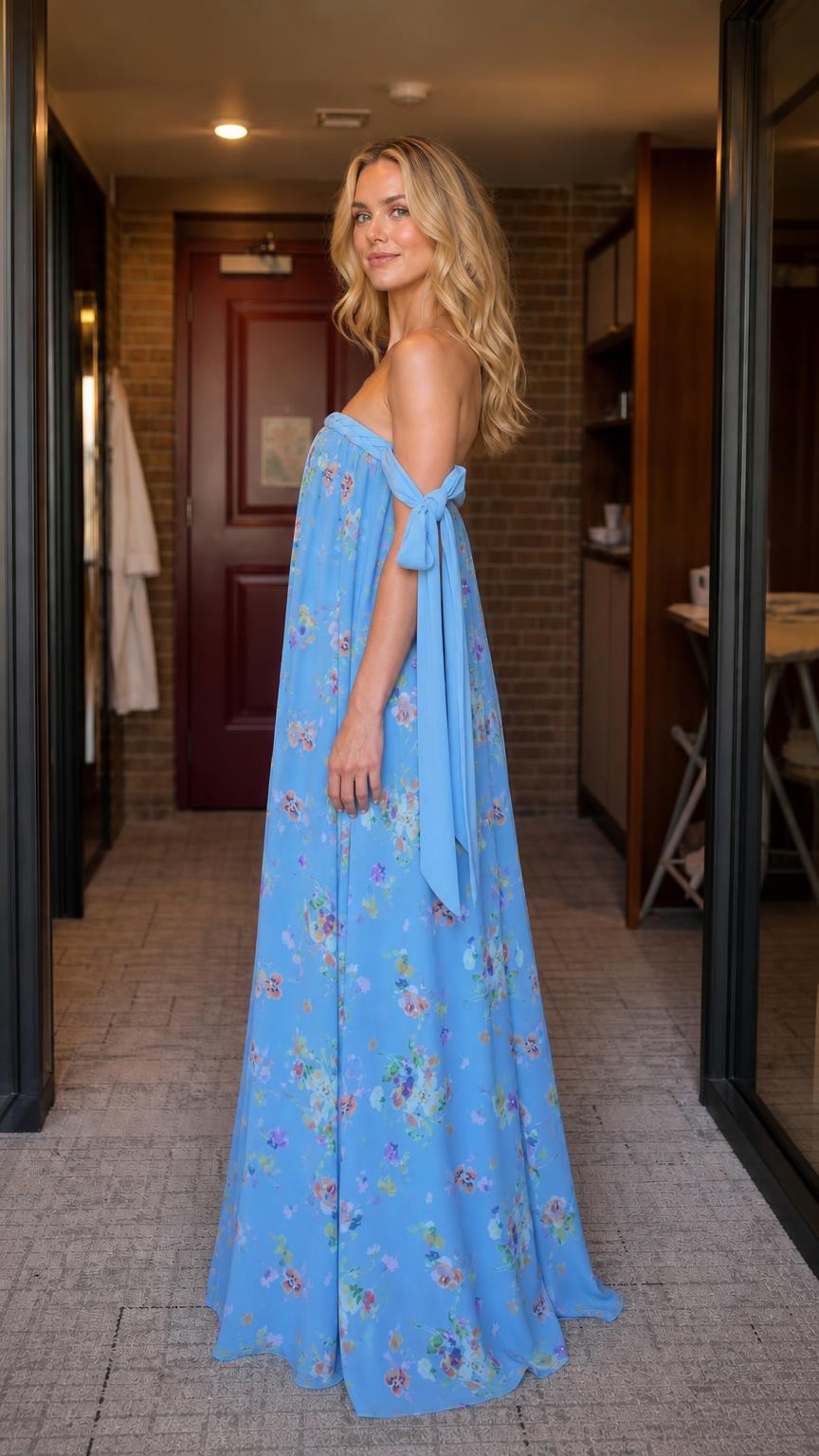 Side profile of blue floral maxi dress with tie sleeves