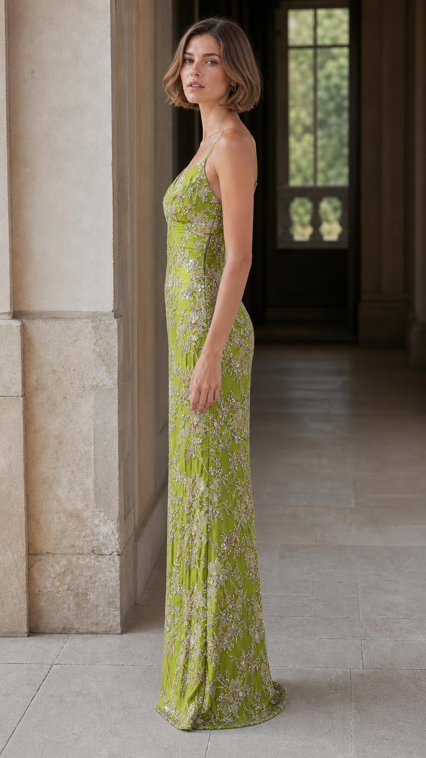 Elegance Sequin Embroidered Slip Maxi Dress in Lime side view