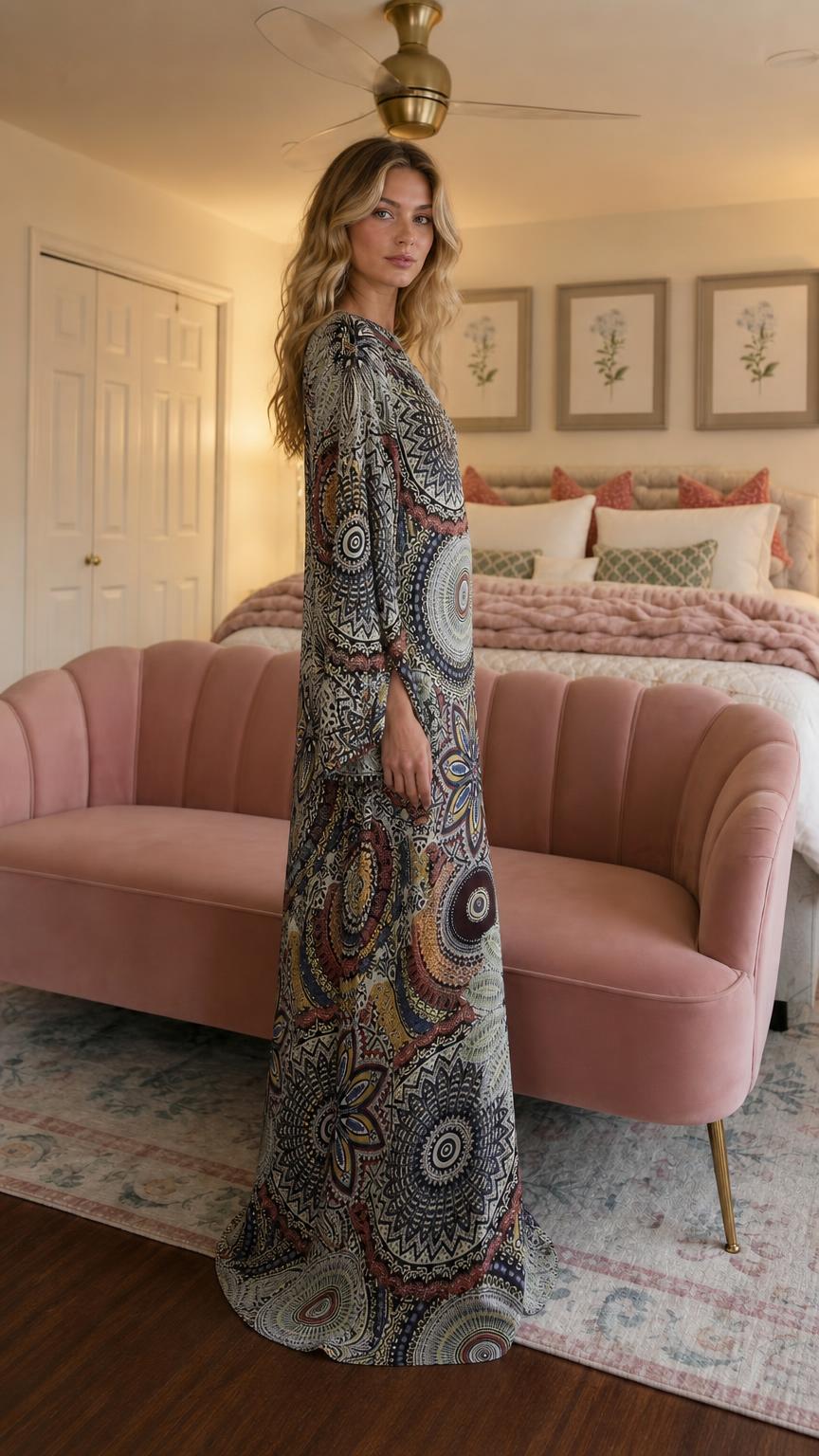 Side profile view of sage mandola print maxi dress