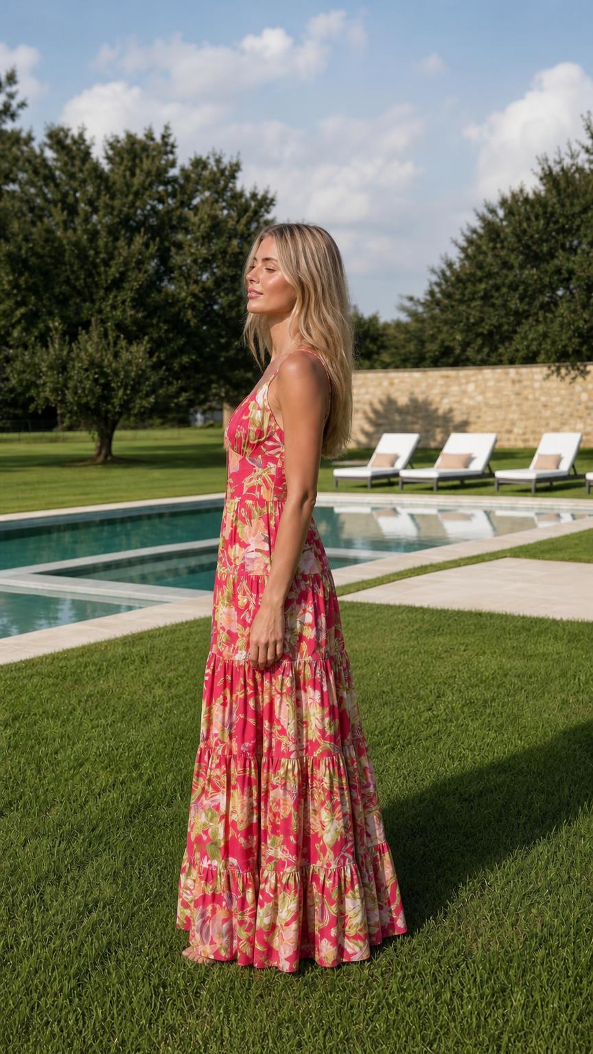 Side profile view of fuchsia floral tiered maxi dress