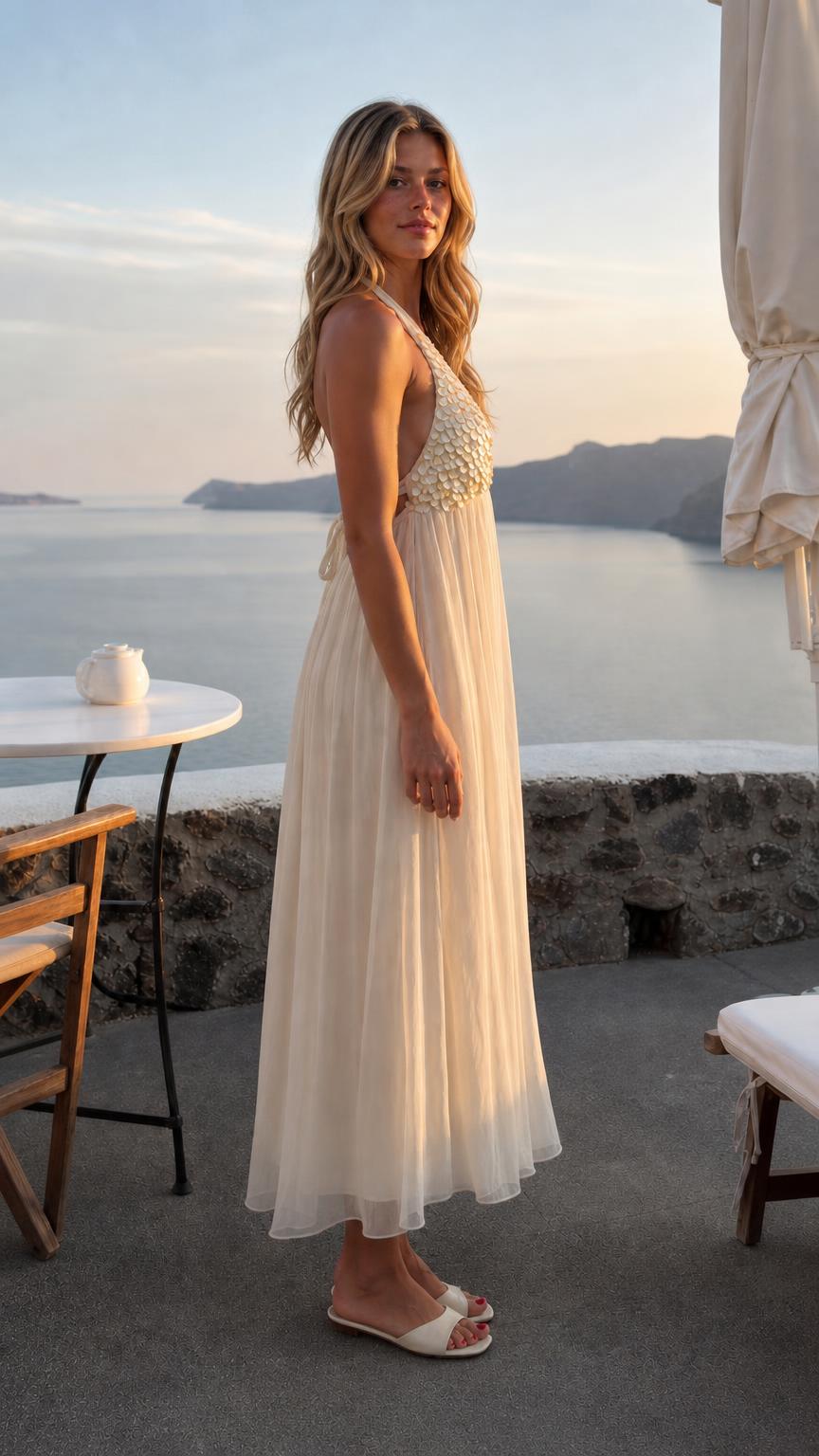 Side profile of woman wearing ivory sequin halter neck maxi dress