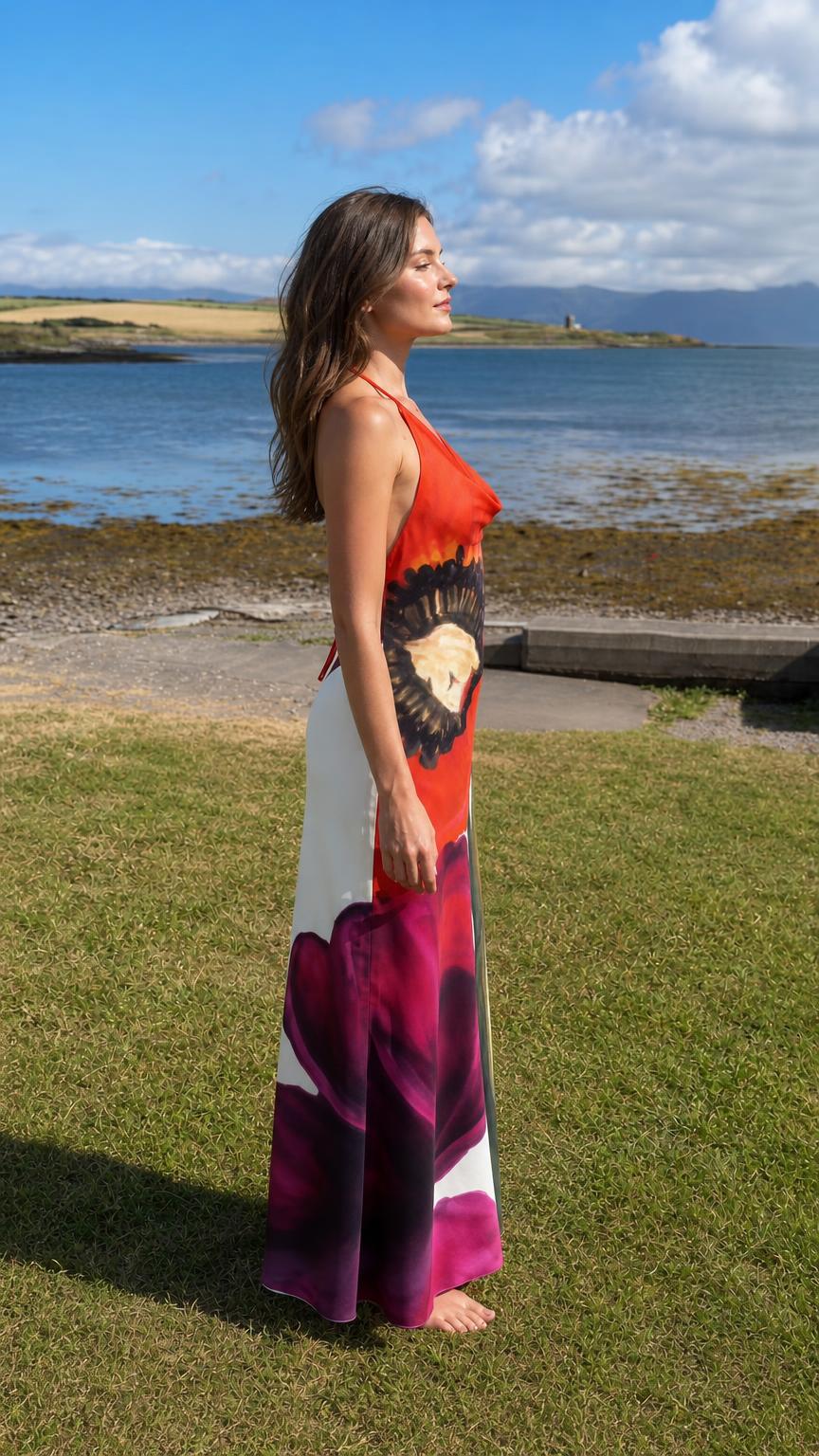 Side profile of red floral halter maxi dress