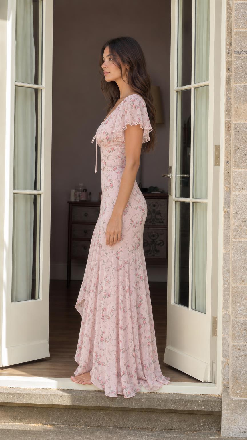 Side profile of woman in pink floral maxi dress