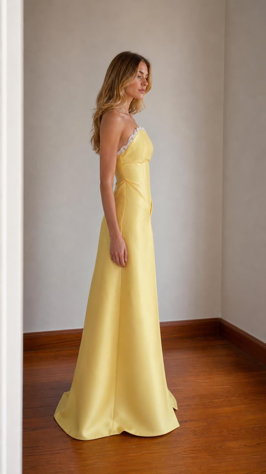 Elegance Strapless Lace Trim Satin Maxi Dress in yellow, side view